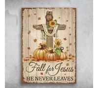 Letrero de metal con diseño de calabaza y girasol, cruz de Dios - Fall For Jesus, He Never Leaves. Letrero de metal vintage para decoración de pared, letreros de estaño divertidos para decoración de