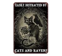 Letrero de metal con diseño de cuervo de gato negro, fácil de distraer por gatos y cuervos, decoración vintage para el hogar, póster decorativo para pared, cartel de estaño, póster de metal de 8 x 12