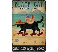 Letrero de metal con diseño de gato negro, vida en la playa, dedos de arena y besos salados, para uso en interiores y exteriores, gran regalo y decoración para cabaña, casa del lago y hogar por menos