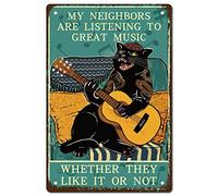 Letrero de metal con diseño de guitarra de gato, música rock, carteles, retro, vintage, impermeable, My Neighbors Are Listening To Great Music para pared, casa, cafetería, bar, pub, placa de regalo,