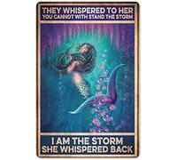 Letrero de metal con diseño de sirena, con texto en inglés "I am the storm she whispered back", retro, pintura de hierro, letrero de bar, decoración de cueva, cafetería, familia, pósteres decorativos