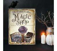 Letrero de metal con diseño de tienda mágica, letrero de Halloween, brujas de Halloween, arte de pared de brujas, decoración vintage de Halloween, póster de bruja, placa de 20 x 30 cm