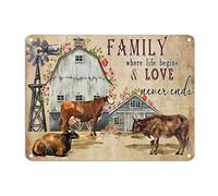 Letrero de metal con diseño de vaca antigua, con texto en inglés "Family Where Life Begins And Love Never Ends" (Familia donde la vida comienza y el amor nunca termina) - Letrero de metal de estaño de