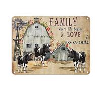 Letrero de metal con diseño de vaca antigua, con texto en inglés "Family Where Life Begins And Love Never Ends", de aluminio, abstracto, animal, 30,5 x 40,6 cm, resistente a la decoloración, para