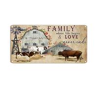 Letrero de metal con diseño de vaca de granja, con texto en inglés "Family Where Life Begins and Love Never Ends", letrero de metal inoxidable de 6 x 12 pulgadas para el hogar, cocina, restaurante