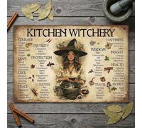 Letrero de metal con guía de brujas de la cocina: trae buen mojo a tu hogar | Arte de pared de hierro rústico y tabla de referencia de hierbas, decoración del hogar de brujas antiguas para cafetería