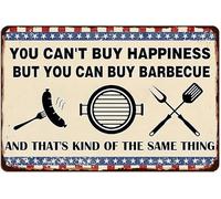Letrero de metal con reglas divertidas para barbacoa: "No puedes comprar la felicidad, pero puedes hacer barbacoas y eso es casi lo mismo". Letreros rústicos para el hogar, la cocina, los pubs y la c