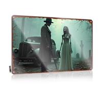 Letrero de metal con texto en inglés "A Mysterious Encounter In The Foggy Cemetery" (30 x 40 cm)