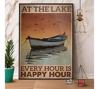 Letrero de metal con texto en inglés "At The Lake Every Hour is Happy Hour" para decoración de habitación, arte estético de pared para garaje, baño, habitación, 8 x 12 pulgadas