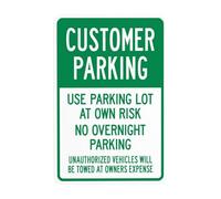 Letrero de metal con texto en inglés "Customer Parking Use Parking Lot At Own Risk No Overnight Parking", letrero de estaño de precauciones, perfecto para negocios callejeros y decoración de pared del