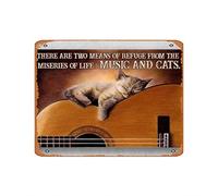 Letrero de metal con texto en inglés «Cute Cat On The Guitar - There Are Two Means Of Refuge From The Miseries Of Life» para decoración del hogar, placa de metal, divertida, de 8 x 5.5 pulgadas