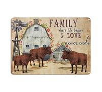 Letrero de metal con texto en inglés "Family Where Life Begins And Love Never Ends", estilo vintage, de aluminio, con diseño de vaca, 25,4 x 35,5 cm, resistente a la decoloración, para garaje, bar