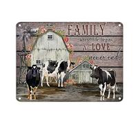 Letrero de metal con texto en inglés "Family Where Life Begins and Love Never Ends", estilo vintage, vaca, de las tierras altas, 30,5 x 40,6 cm, fácil de montar, para el hogar, la cocina y el