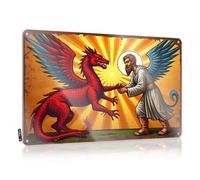 Letrero de metal con texto en inglés "Funny Man Cave Saint Michael Derrotating the Dragon: A Symbolic Battle Of Good Vs. Tin Signs" (20 x 30 cm)