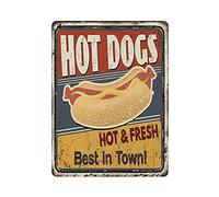 Letrero de metal con texto en inglés "Hot Dogs Best in Town", letrero de aluminio vintage, decoración de pared, póster retro para bares, restaurantes, cafeterías, pubs, decoración del hogar, 16 x 12