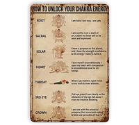 Letrero de metal con texto en inglés "How to Unlock Your Chakra Energy Home" para casa, cabaña, club, tienda, bar, garaje, cafetería, granja, panel de pared de metal, Art Deco 8 x 12 pulgadas