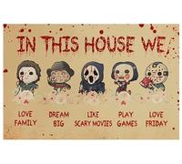Letrero de metal con texto en inglés "In This House We Love Family Dream" para amantes de la película, divertido letrero retro para pared, regalo para mejor amigo, 8 x 12 pulgadas