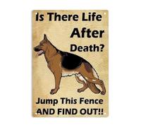 Letrero de metal con texto en inglés "Is There Life after Death Jump This Fence and Find Out", divertido cartel de perro guardián para casa, oficina, jardín, granja, parque, hombre, cueva, decoración