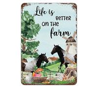 Letrero de metal con texto en inglés "Life Is Better on The Farm" (La vida es mejor en la granja) con animales de granja, caballo, acuarela, rústico, letrero de aluminio, decoración duradera para