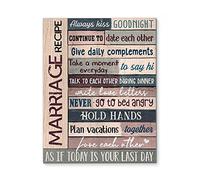 Letrero de metal con texto en inglés "Marriage Recipe Always Kiss Goodnight" para decoración de baño, mural vintage, 20,3 x 30,5 cm