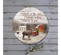 Letrero de metal con texto en inglés "Merry Christmas I Believe in The Sun Farm Animal" de grano de madera, letrero redondo de metal para decoración de pared de Navidad, letrero de aluminio vintage