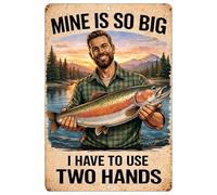 Letrero de metal con texto en inglés "Mine Is So Big Funny Fishing", decoración de pared, hombre, cueva, bar, pescador, regalo para papá, abuelo, hermano, pez (ambas manos)