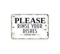 Letrero de metal con texto en inglés «Please Rinse Your Dishes Thank You» Instrucciones para lavar platos en la cocina y limpiar después de ti mismo