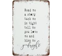 Letrero de metal con texto en inglés "Read Me a Story Tuck Me in Tight Nursery Calligraphy" para decoración del hogar, cocina, decoración de pared, póster de metal para habitación, 8 x 12 pulgadas