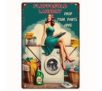 Letrero de metal con texto en inglés "Sexy Girl Fluff & Fold Laundry Drop Your Pants Here Pin Up", letrero de metal, retro, vintage, póster de metal, decoración de pared, 8 x 12 pulgadas