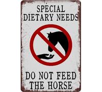 Letrero de metal con texto en inglés "Special Dietary Needs Do Not Feed The Horse" (Necesidades dietéticas especiales, no alimentan al caballo), cartel de metal de 2