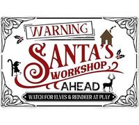 Letrero de metal con texto en inglés "Warning Santa's Workshop Ahead Watch For Elves & Rindeer At Play" Retro Christmas Wall Decor for House Door Vintage Art Coffee Bar Signs 20.3x30.5 cm