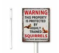 Letrero de metal con texto en inglés "Warning This Property is Protected by Highly Trained Squirrel", divertido letrero de ardilla con estaca, aviso de precaución, propiedad privada, placa de metal