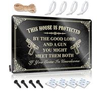 Letrero de metal con texto en inglés "Welcome Highland Pre-perforado & Run The World", impresión plana | This House Is Protected By The Good Lord And A Gun For Remember Vintage Wall Decor - Letreros