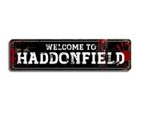 Letrero de metal con texto en inglés "Welcome to Haddonfield", decoración de pared de película de terror vintage de Halloween, 4 x 16 pulgadas para dormitorio, póster de grito, mercancía de película
