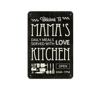 Letrero de metal con texto en inglés "Welcome to Mama's Kitchen Daily Meals Servved with Love" para decoración de pared, 8 x 12 pulgadas, rústico, hogar, granja, comedor, mostrador, despensa, regalo