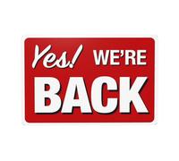 Letrero de metal con texto en inglés "Yes We'Re Back" con texto en inglés "Precautions Security Tin Signs", de advertencia de seguridad, decoración de pared de negocios callejeros, 30,5 x 20