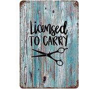 Letrero de metal de 20,3 x 30,5 cm con licencia para llevar para peluquería, peluquería, herramientas para el cabello, tijeras, peluquería, barbería, placa de metal para decoración de pared, póster