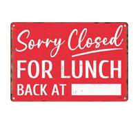 Letrero de metal de 20 x 30 cm, con texto en inglés "Sorry Closed for Lunch Back At Notice Gone To Lunch Vintage Tin Sign" para decoración de pared