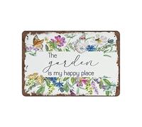 Letrero de metal de 8 x 12 pulgadas con texto en inglés "The Garden is My Happy Place" - Letrero de arte vintage para jardinería en el hogar, flores de acuarela, letrero de cobertizo, arte de