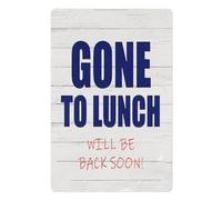 Letrero de metal de 8 x 12 pulgadas con texto "Out To Lunch Gone To Lunch Will Be Back Soon", ideal para decorar la puerta de la oficina, la sala de descanso, la cocina, el espacio de trabajo o la ca