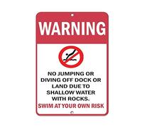 Letrero de metal de 8 x 12 pulgadas, divertido letrero de metal con advertencia de no saltar debido a aguas poco profundas con rocas, garaje, casa, patio, valla, placa de aluminio para pared