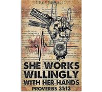 Letrero de metal de aluminio vintage de 8x12 pulgadas "She Works Willingly"