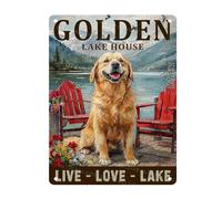 Letrero De Metal De Estaño Cabaña Junto Al Lago Golden Retriever Divertidas Póster Metal Decorativo Decoración De Pared para Club Restaurantes Casas Particulares 30X20Cm