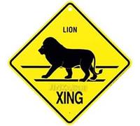 Letrero de metal de estaño Lion Xing Caution Crossing Wildlife Gift Sign para el hogar, oficina, bar, interior y exterior, letrero cuadrado de 8 x 8 pulgadas