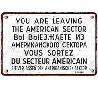 Letrero de metal de la Segunda Guerra Mundial de 15,2 x 20,3 cm con texto en inglés "You Are Leaving American Sector Vintage Decor Berlin Cold War History Allied Military Decorations Wall Art Man Cave