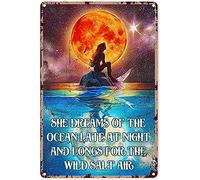 Letrero de metal de sirena, con texto en inglés "She Dreams Of The Ocean Late At Night And Longs For The Wild Salt Air", súper duradero, placa retro para baño, decoración de bar, cocina, decoración