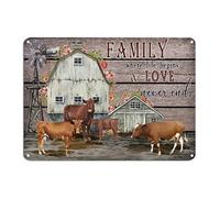 Letrero de metal de vaca de mediados de siglo, con texto en inglés "Family Where Life Begins and Love Never Ends" de aluminio, 10 x 14 pulgadas, resistente a la intemperie, para puerta del hogar