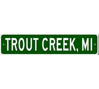 Letrero de metal decorativo para pared de Trout Creek, Michigan, que marca el límite de la ciudad.