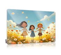 Letrero de metal decorativo vintage con tres amigos caminando de la mano a través de un campo de flores, letrero de estaño para bar, letreros de calle divertidos (20 x 30 cm)