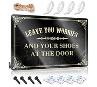 Letrero de metal divertido con texto en inglés "Leave You Worries And Your Shoes At The Door" (30 x 40 cm)